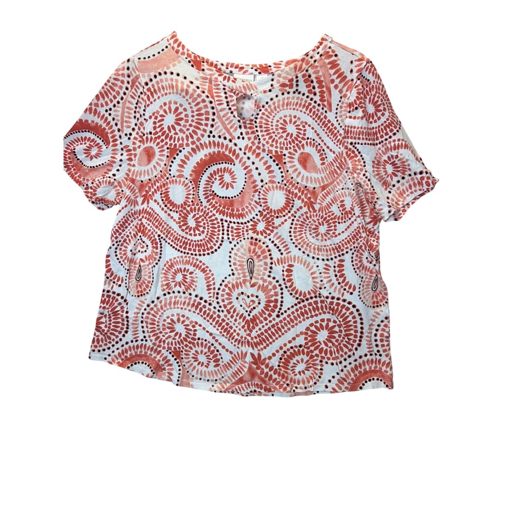 Weekends by Chico's Orange Paisley Keyhole Short Sleeve Top Size 3 Cotton